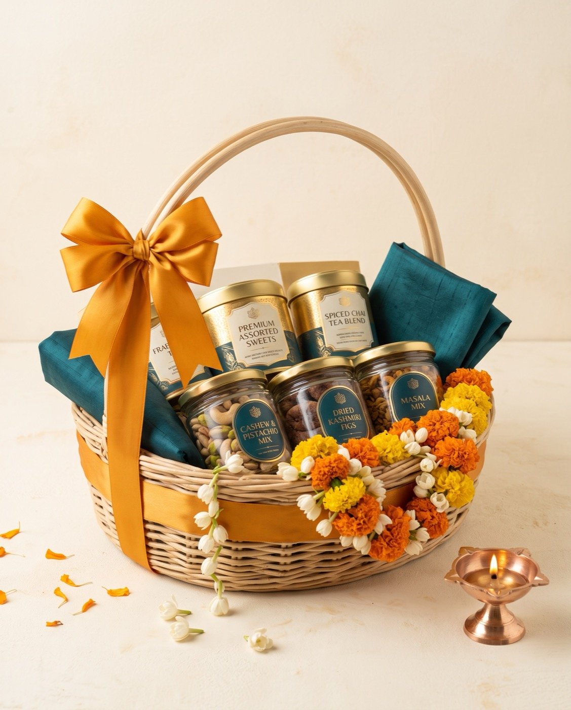 Classic cane gift basket with satin ribbon
